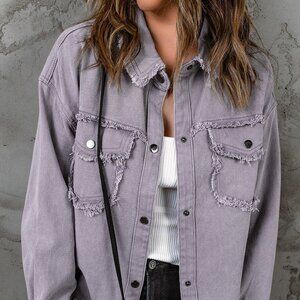 NWOT Distressed Flap Pockets Frayed Hemline Denim Jacket